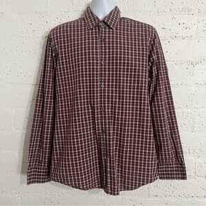 Hugo Boss Button Front Shirt L Red Plaid Regular Fit Long Sleeve U20